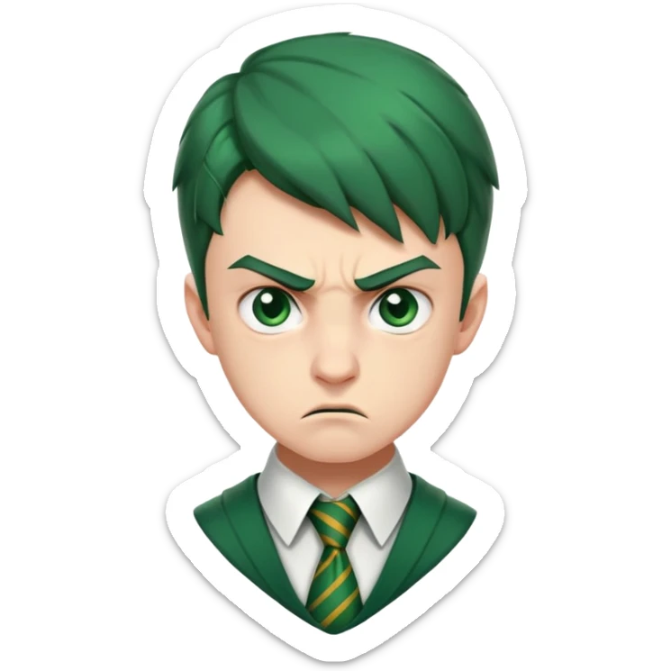 Upset angry teenage boy with scowling face wearing green Slytherin Hogwarts uniform and tie sticker