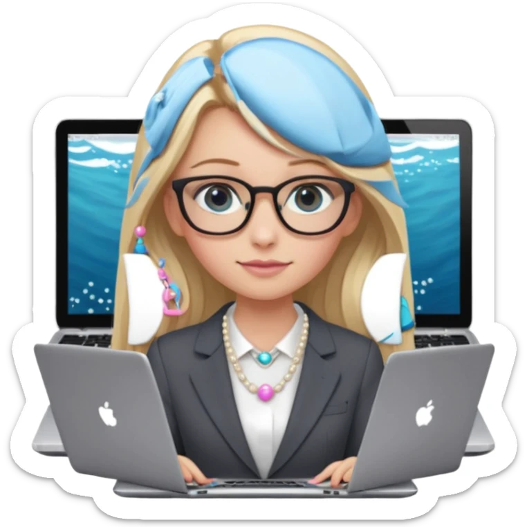 Please take the girl with laptop emoji and make her glassess light brown, her eyes ocean blue and her nose a bit smaller and pointier and she has blonde very long hair and a dark grey suit and pearls necklace, and has a laptop in fron of her and a tiny pink bow on the left side of her head sticker