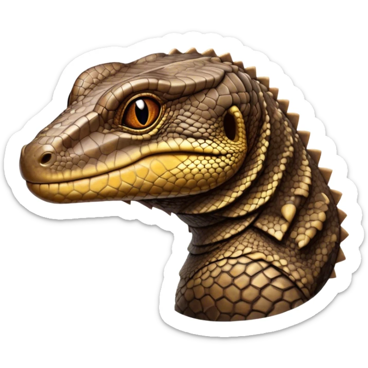 Cinematic Noble brown camo monitor Lizard Portrait Emoji, Poised and regal, with a robust, scaled body exhibiting striking, mottled patterns and piercing, alert eyes, Simplified yet sharp and sophisticated features, highly detailed, glowing with a soft, earthy glow, high shine, intelligent and formidable, stylized with an air of ancient wilderness, focused and commanding, soft glowing outline, capturing the essence of a watchful and confident reptilian guardian that appears ready to stride out of the screen with effortless authority! sticker