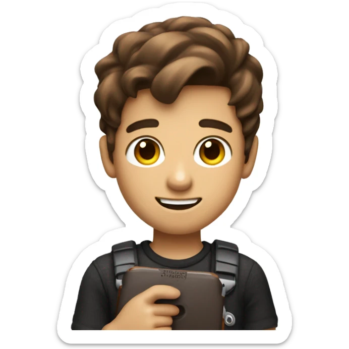 Create an emoji of a boy with brown hair and not-so-brown skin holding a Nintendo Switch and winking sticker