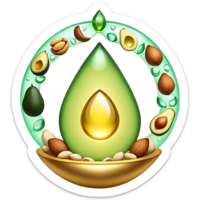 Floating aura in the shape of a golden and jade green drop, with bright icons of avocado, nuts, olive oil and ethereal fish spinning in a circle, surrounding a warm heart and illuminated brain, wrapped in a soft glow of protection and stable energy sticker
