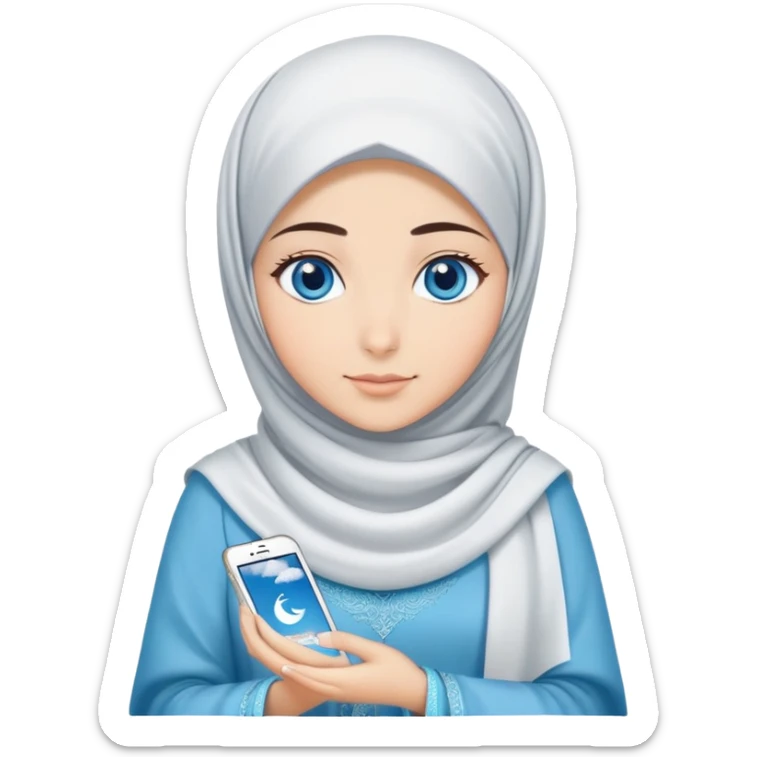 Turkish beautiful finish Konya girl blue eyes with cloudy hijab islamic long tailed dress and had on her hand text Eid Mubarak  sticker