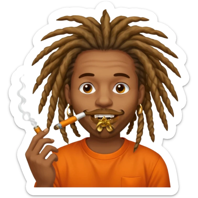 Brownskin man with very long dreadlocks orange shirt smoking weed blunt in mouth sticker