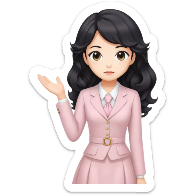 Confident kawaii anime businesswoman with beautiful black wavy hair wearing a soft feminine pastel dress, future boss lady sticker