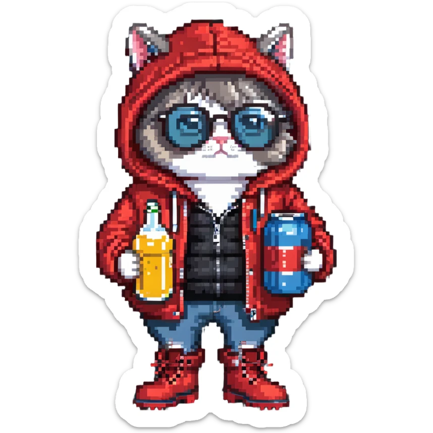 Catfish in red winter jacket with hood, round glasses, blue jeans, red boots, holding a beer can with red label, retro game style sticker