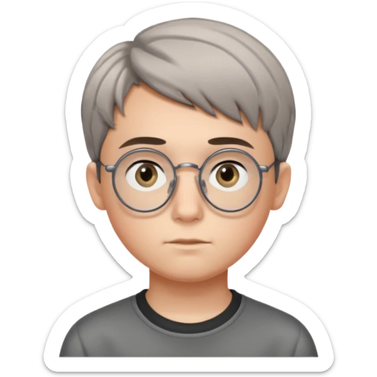 GREY HAUR teen boy with medium short middle parted hair, GREY eyes, round Glasses looking judging to the Side sticker