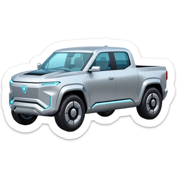 A futuristic electric pickup truck emoji, silver chrome body, angular cyber design, smooth metallic panels, subtle reflections, minimalistic proportions, iOS emoji style, centered composition, clean white background, soft lighting sticker