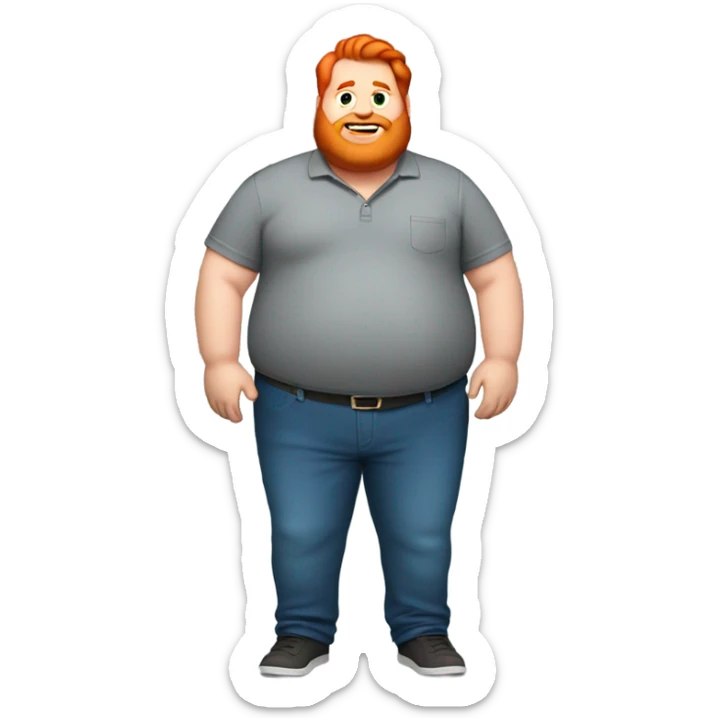 Fat guy with red hair and a gray shirt blue pants and has a million dollars sticker
