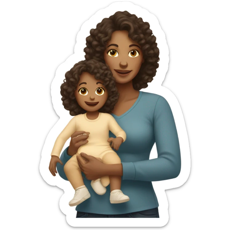 mom with light tan skin, shoulder length dark brown curly hair carrying 2 babies  sticker