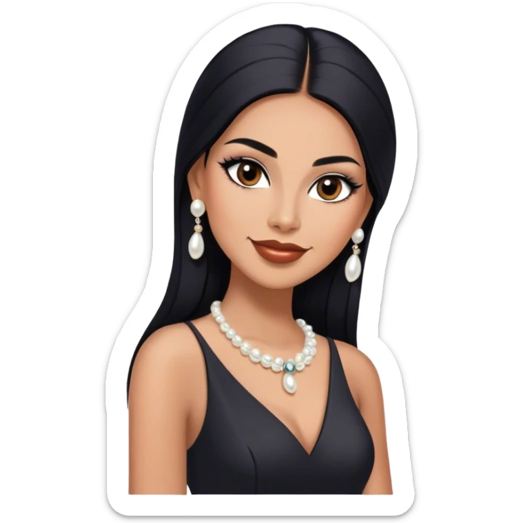 beautiful fit tall woman boss, with long straight black hair, with make up, black eye liner, smile mooth close, mexican, brown skin, wearing beautiful couture outfit and discret white pearl earings sticker
