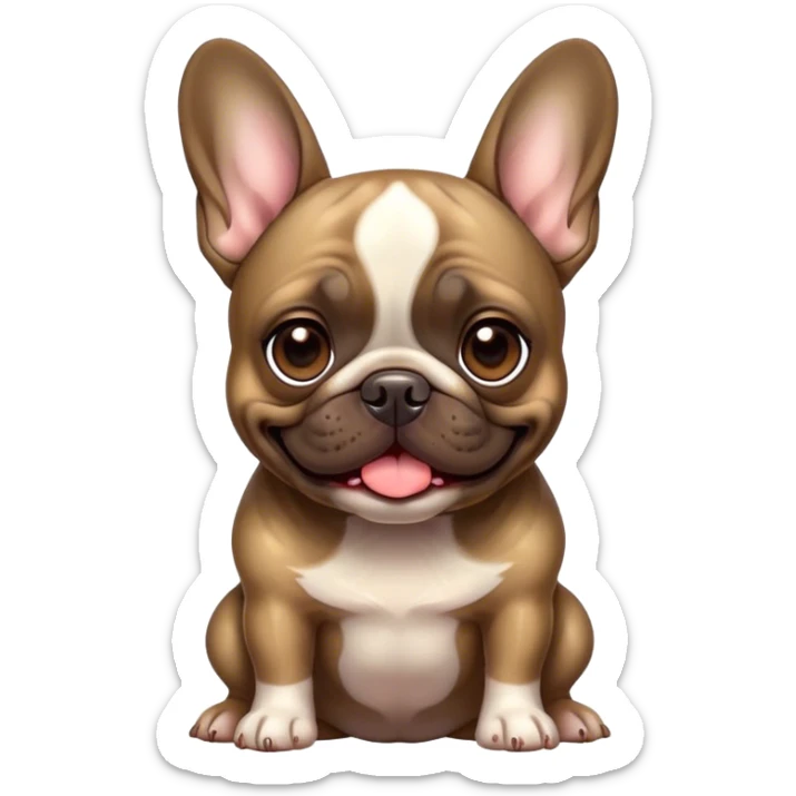 Cinematic Comical Brindle French Bulldog Portrait Emoji, Head tilted dramatically with an exaggeratedly amused expression, featuring a striking brindle coat with bold fawn highlights, wide, expressive dark eyes filled with playful disbelief, Simplified yet hilariously expressive features, highly detailed, glowing with a slightly sassy glow, high shine, dramatic yet playful, stylized with an air of cheeky mischief, bright and endearing, soft glowing outline, capturing the essence of a spirited and over-the-top companion, so meme-worthy it feels like it could side-eye its way into internet fame instantly! sticker