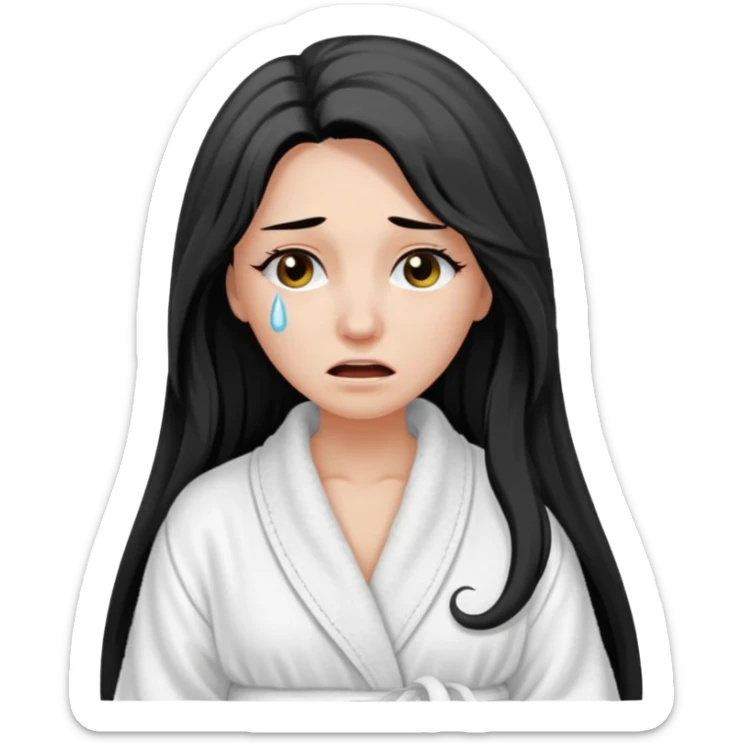 crying woman with long hair, long lashes, clear white skin, wearing a bathrobe sticker