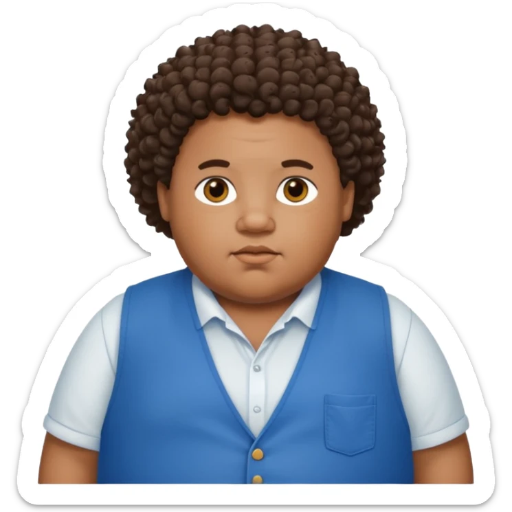 Obese black boy with curly hair hair white shirt and blue vest sticker