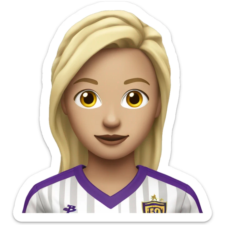 a blonde woman soccer player in white jersey with purple pinstripes and yellow collar sticker