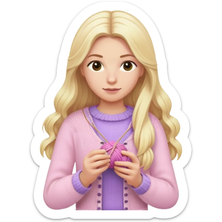 Blonde long hair lady with light pink clothes knitting with light purple wool sticker