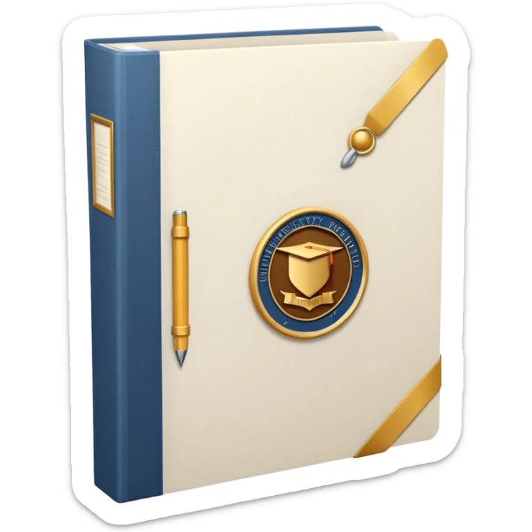A simple emoji-style icon of a white textured paper folder, clean and formal, with sharp edges, minimal shading, and an embossed university degree/certification seal on the front, conveying academic achievement and official records. white white white  sticker