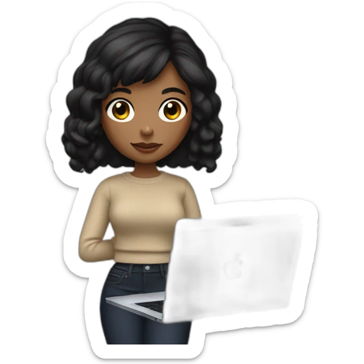 memoji of a female with a modern apple laptop in front, black hair, beige skin, black sweater, computer in hand --ar1:1 sticker