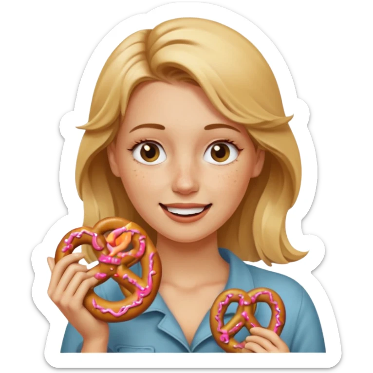 Winking, Dirty blond woman, fair skin with freckles,  holding pretzel sticker