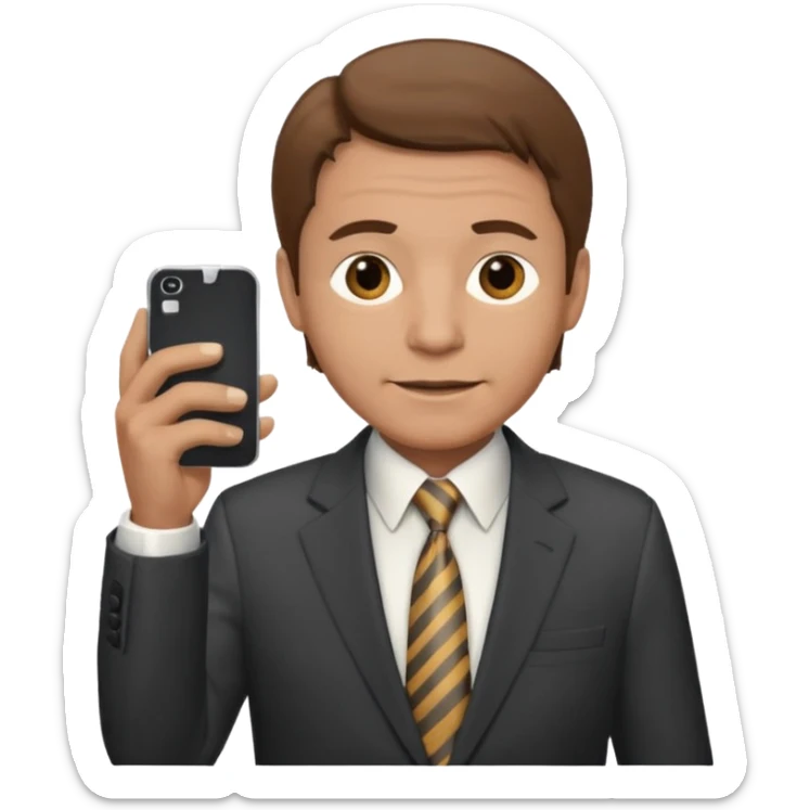 Un hombre  mayor con leve sonrisa de traje con tez clara pelo color castaño, vestido con traje camisa y corbata y celular en mano .  sticker