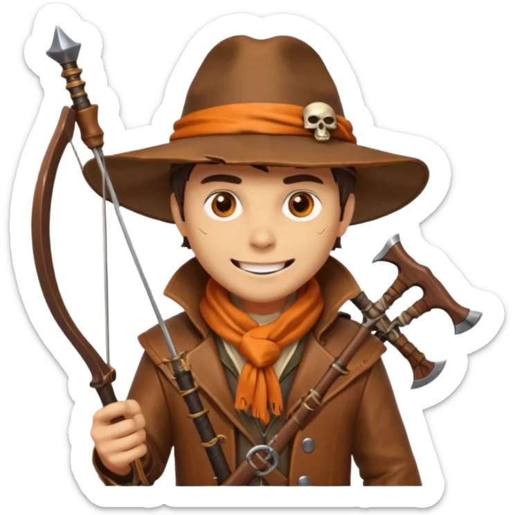 male human monster hunter emoji, wearing brown leather coat and wide hat, holding crossbow, with amulet shaped like skull, Halloween fantasy theme, confident smile, orange scarf, Apple emoji style, clean white background, square image sticker