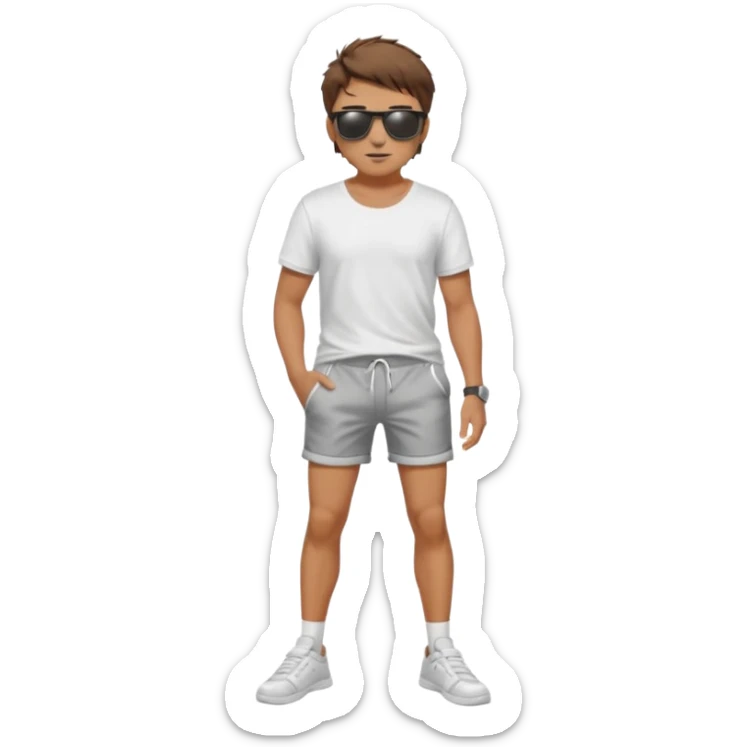 Handsome. Male. Short brown hair. Messy hairstyles. Sunglasses. Sexy pose. Full body. Wearing shorts. White tekkies. Pool background  sticker