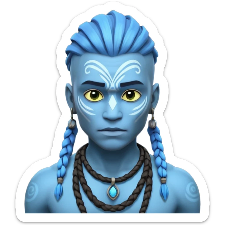avatar-style Na’vi male portrait, head and shoulders only, blue skin, bioluminescent markings, strong face features, braided hair, tribal necklace, heroic expression, 3D cartoon, mobile game icon style, clean background, no text, no watermark
 sticker