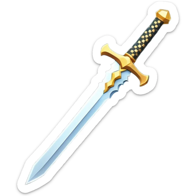 Clash of Clans aesthetic: Cinematic Playful Pixel 3D isometric  Sword Emoji, rendered in a 3D vector-style similar to standard emojis with minimal shading and bold, simplified shapes. A compact, distinct form with signature details, softly glowing with a pixelated adventure charm. Simplified yet unmistakably iconic, highly detailed and consistent, glowing with a soft radiance and high shine. Stylized with a touch of classic pixel-art charm and a soft glowing outline, capturing the essence of a beloved gaming relic with a friendly, playful manner! sticker
