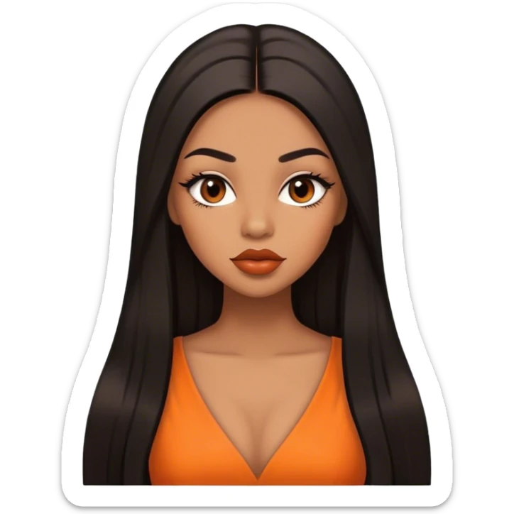light brown skin tone, very beautiful woman, with big plump lips, long long lashes, black long straight hair, middle hair parting, brown eyes, orange dress sticker