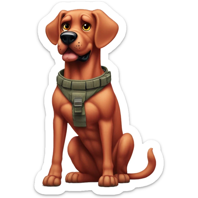 Desert storm hot Clifford the big red dog muscled with tattoos on arms book illustration as a military call of duty character standing alone sticker