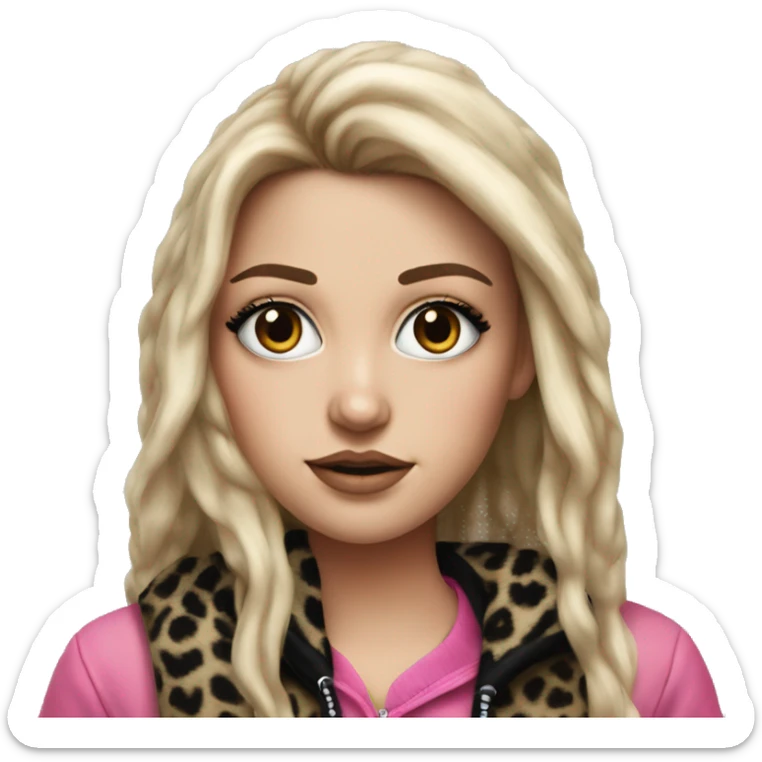 Hyperrealistic white girl with long black hair with a pink fringe and has eye makeup on, she is wearing a black and leopard print hoodie  sticker
