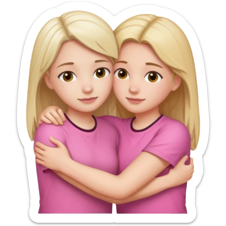 2 girls hugging each other. One is wearing white shirt and the other is wearing pink sticker