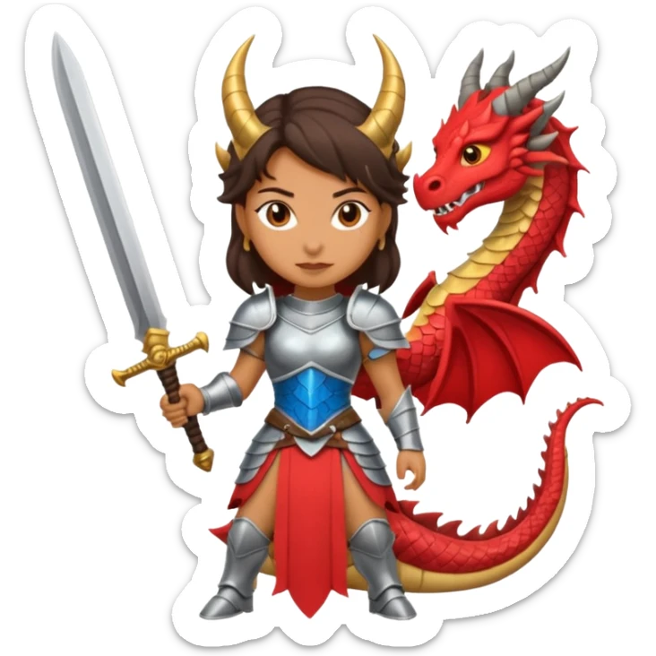 Fierce Latina in armor with a sword after a battle cutting off the head of a dragon sticker