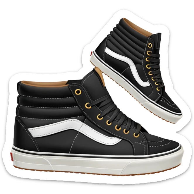 A pair of black Vans Sk8-Hi sneakers arranged with one shoe positioned behind the other, high-top skate shoes with white side stripe and waffle soles sticker