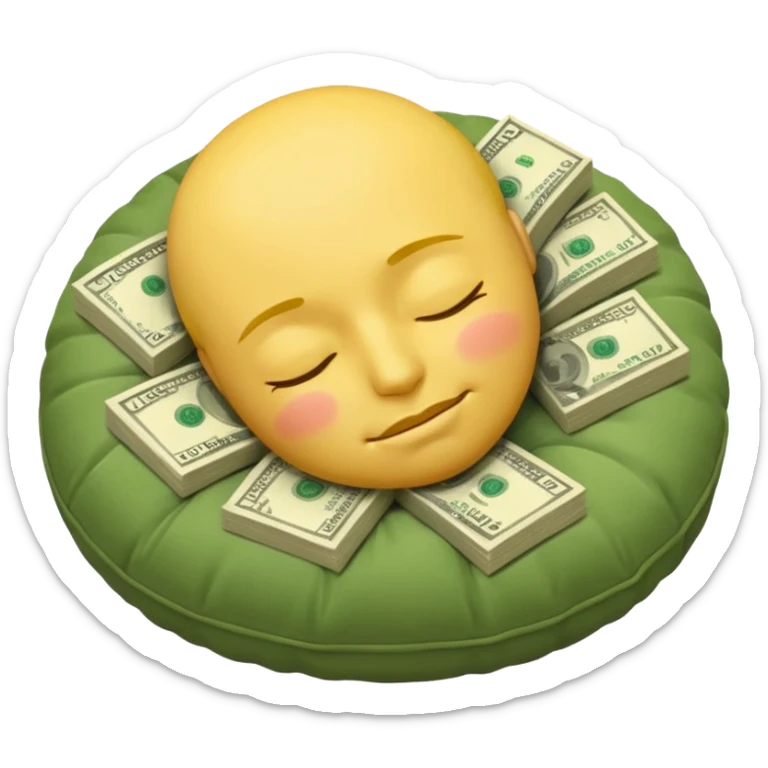a round yellow IOS style emoji of a face sleeping on a pillow of money sticker