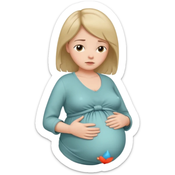 pregnant woman with neatly tied hair looking tired touching her big belly softly and breath slowly sticker