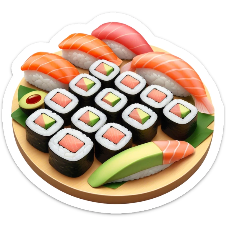 Cinematic Realistic Sushi Dish Emoji, depicted as an artful arrangement of fresh sushi with vibrant colors rendered with lifelike textures and delicate, natural lighting. sticker