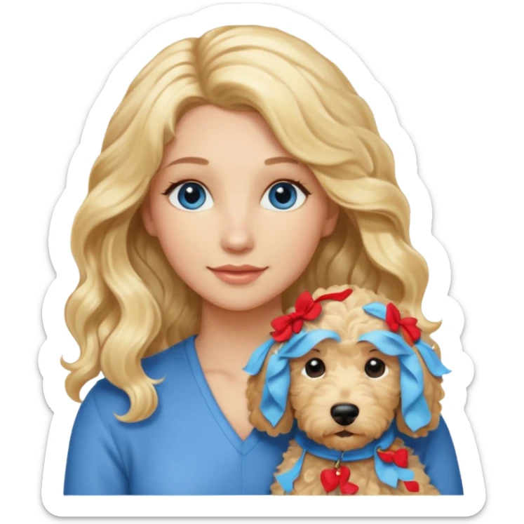 Long blonde hair, blue eyed woman with wavy blond goldendoodle sticker