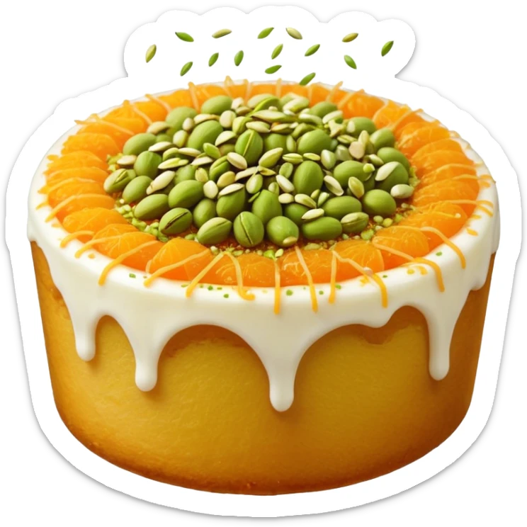 A small round emoji of traditional kanafeh with golden-orange crispy threads, a gooey white cheese center, and a light sprinkle of green pistachios. Warm and delicious-looking. sticker