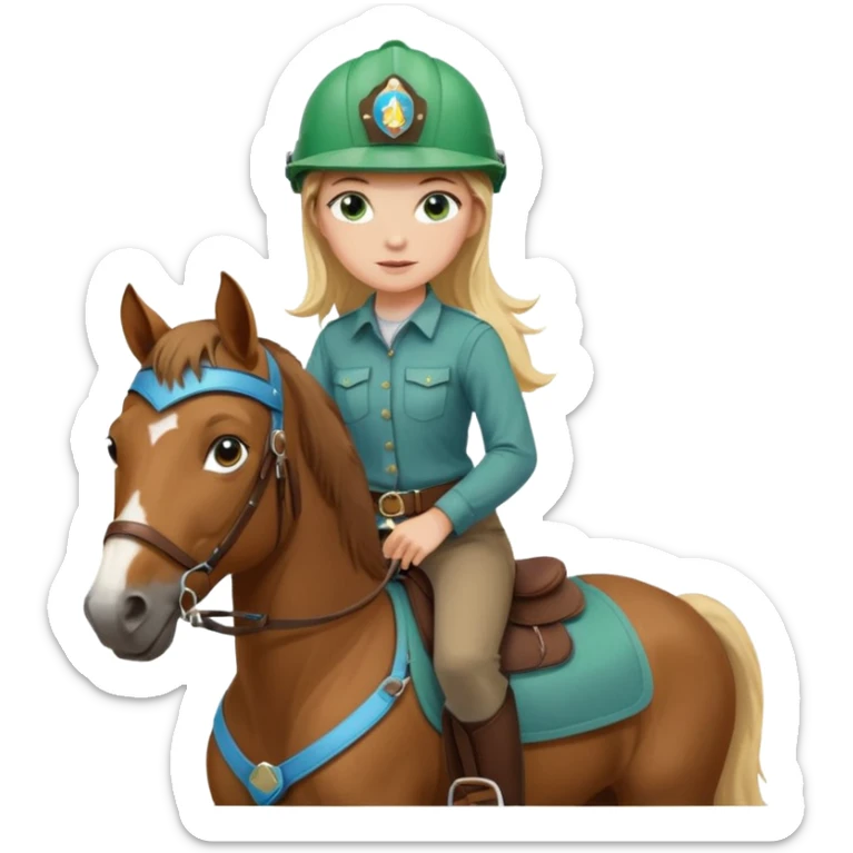 una ragazza bionda con occhi azzurri/verdi sopra un quarter horse con criniera marrone sticker