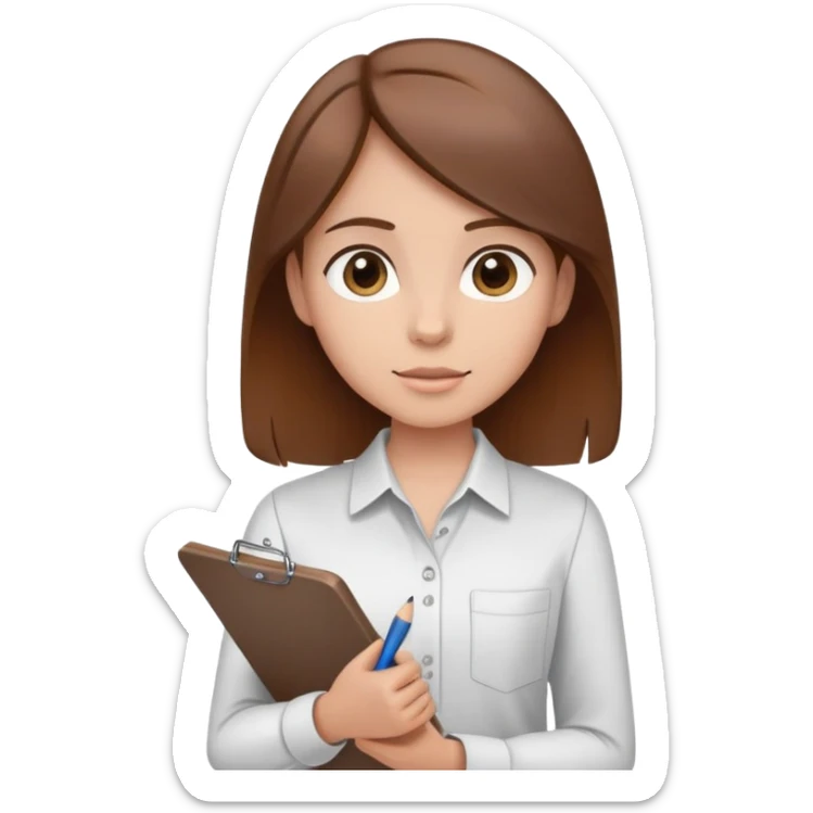 Intern or volunteer with brown hair holding a clipboard and pencil, ready to take notes or assist. The character wears a simple shirt and has an eager posture sticker
