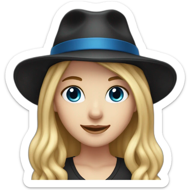 White Girl with long blond hair and with blue eyes and a black hat smiling sticker