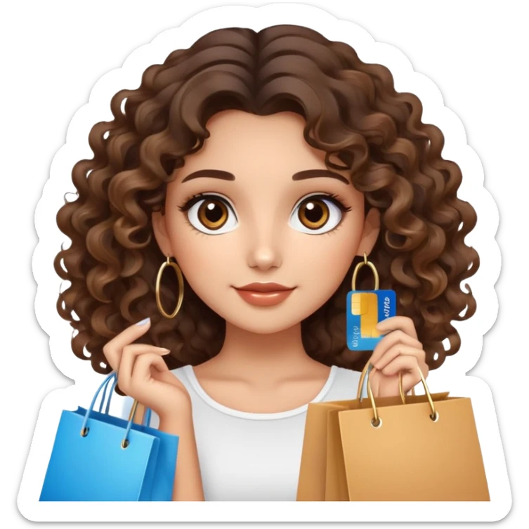 cute girl long brunette balayage curly/wavy not voluminous hair, brown eyes, hoop earrings, natural pretty clean makeup: holding a credit card and lots of shopping bags sticker