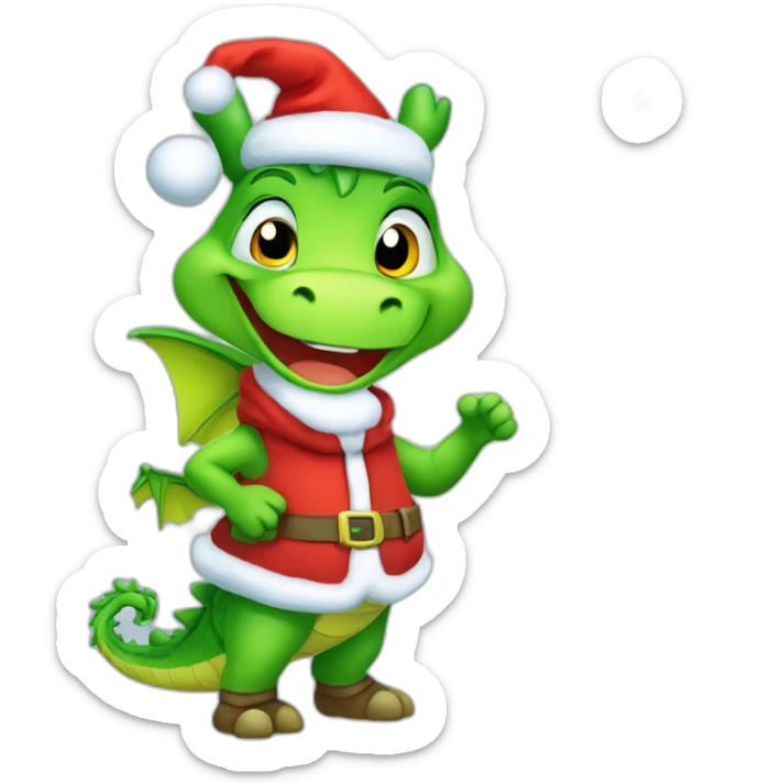 happy little green cartoon dragon of child, in winter, in work pants, in work clothes, in winter boots, in a Santa Claus hat, New Year,  presents sticker