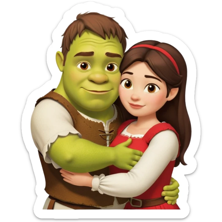 Shrek and Fiona are hugging themselves. They both have long dark brown hair. Fiona has a white shirt and Shrek has red shirt.  sticker