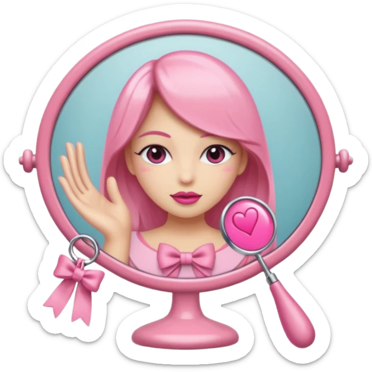 espejo de mano coquette, con detalles femeninos y lazo rosa sticker