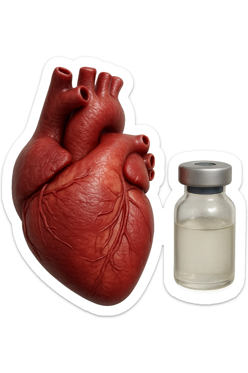 emoji stile iphone di cuore anatomico realistico in 3d che fluttua in aria insieme a una boccetta di fiala medica, FALLO MOLTO REALISTICO IN 3D sticker