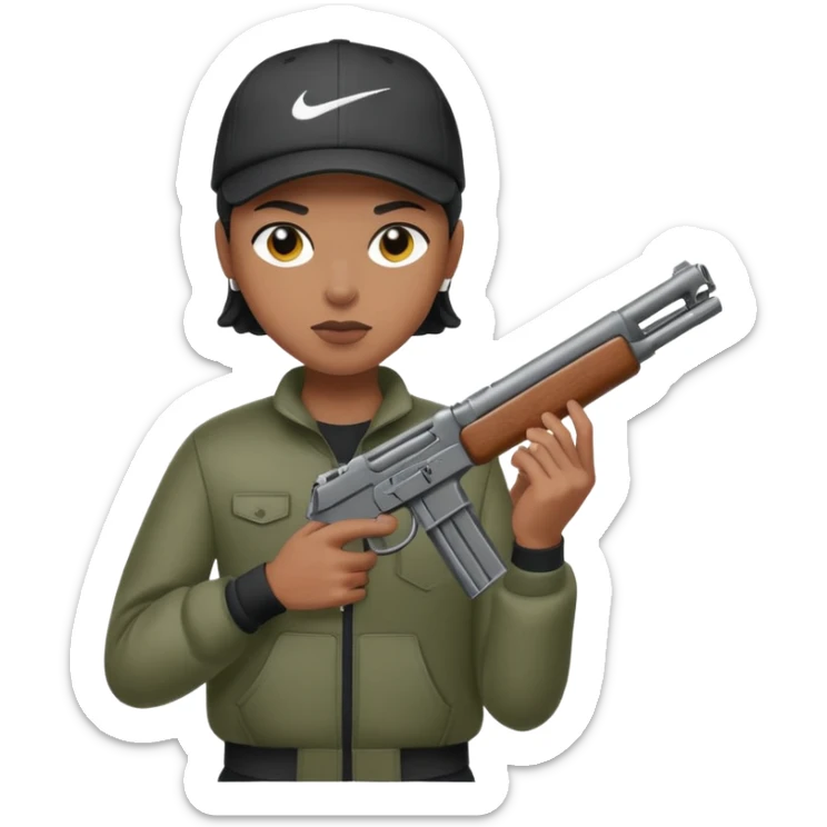 Una persona con una pistola en la mano y con una gorra nike  sticker