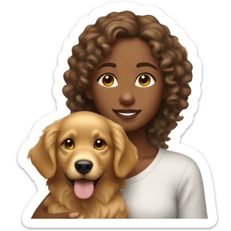 Tan skinned girl with  curly hair with a golden retriever puppy sticker