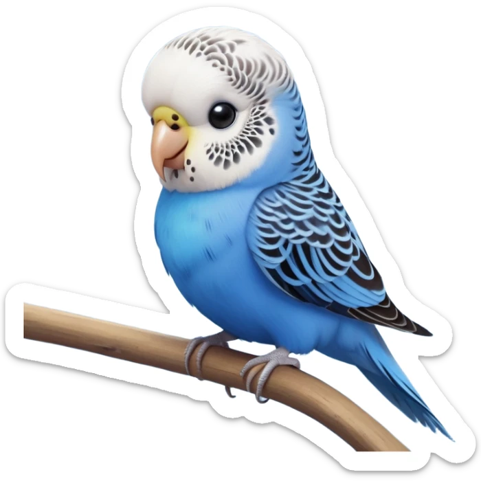 cinematic-cute-blue-budgie-portrait-emoji,-head-tilted-playfully-and-inquisitively,-featuring-a-brilliant-blue-feathered-fur-and white and black face-with-a-natural-sheen,-round,-sparkling-dark-eyes-filled-with-curiosity,-simplified-yet-irresistibly-adorable sticker