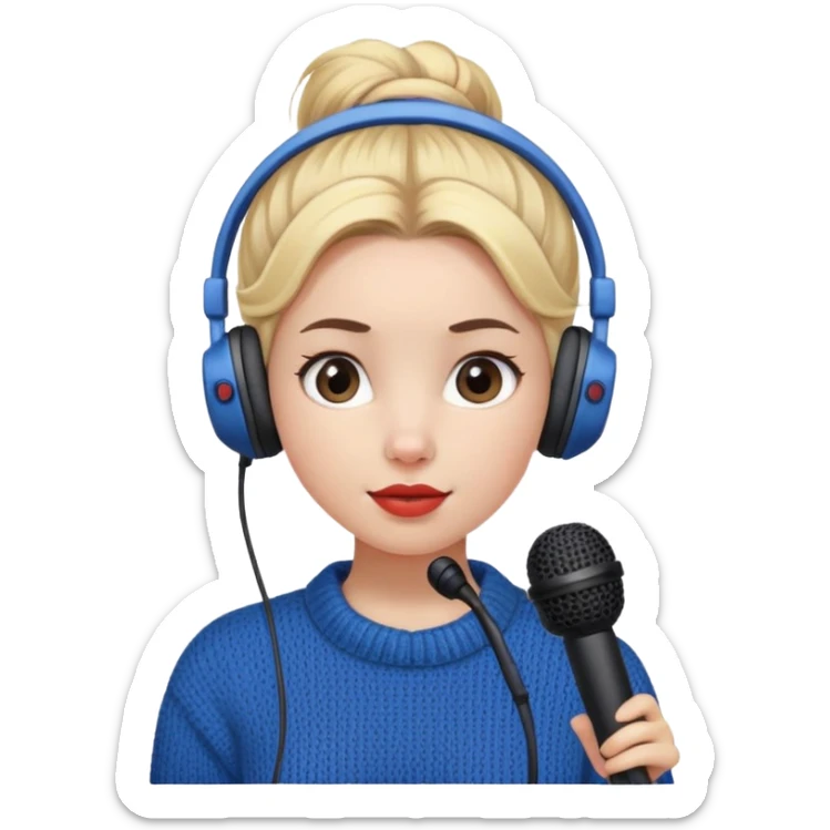 a cute face girl have bright white skin
and small and natural lips (kinda reddish) with
blue knitwear with a blonde one hair
bun and she is a podcaster in her
school. with recording microphone in
front of her not held and a headphone
in her head sticker